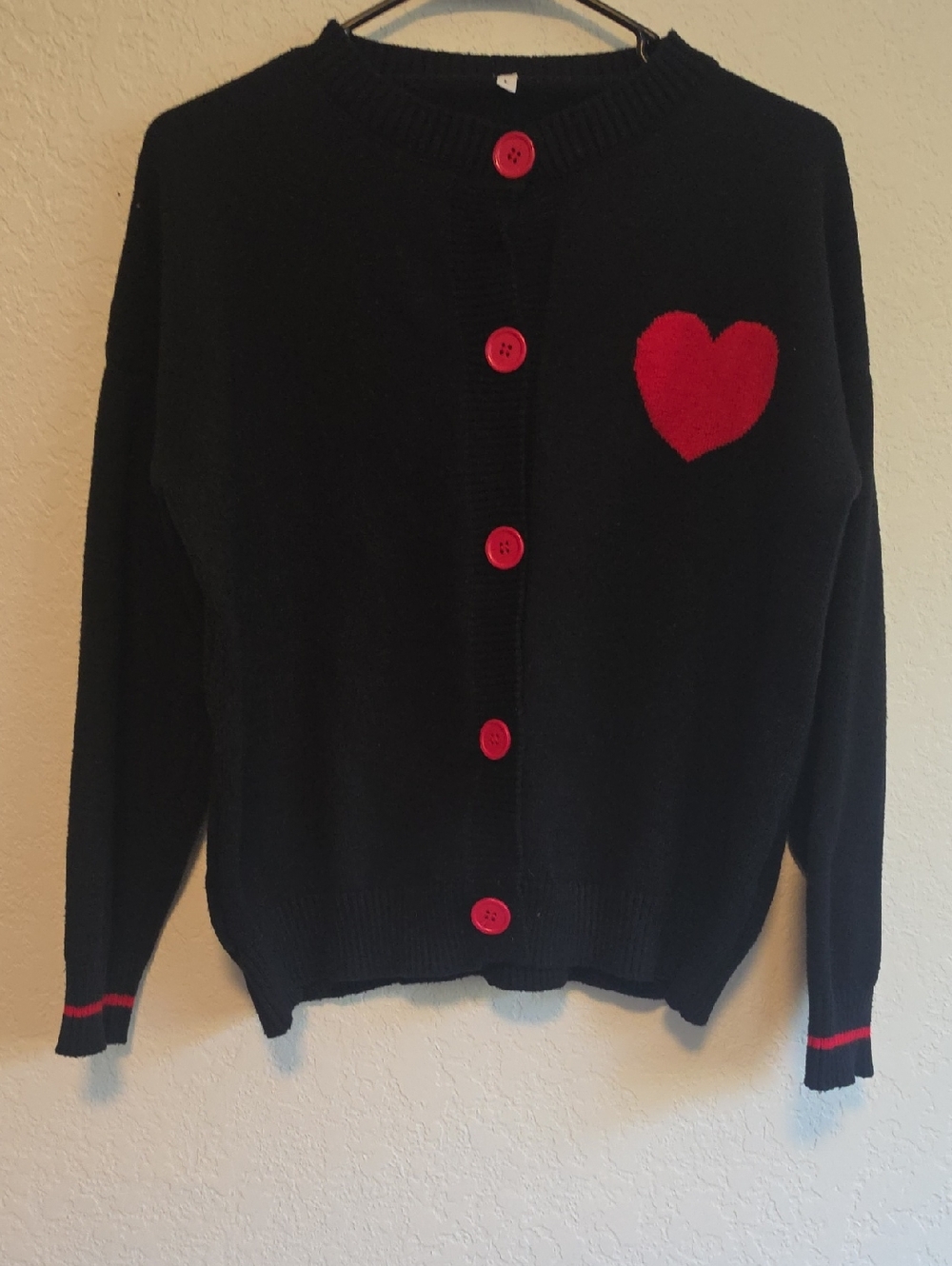 Black Heart-Accent Cardigan with Red Buttons